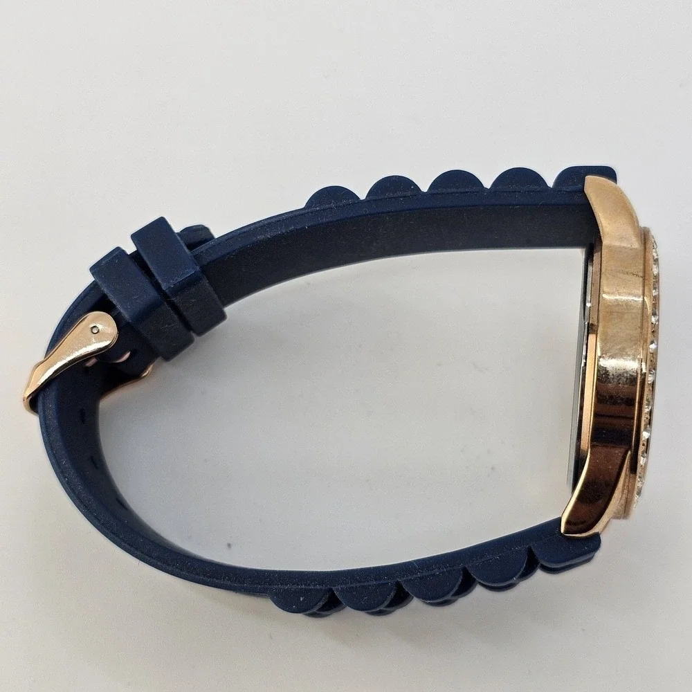 Women's Watch 38MM‎ Rose Gold Dial Crystal Bezel Blue Plastic Bands New Battery